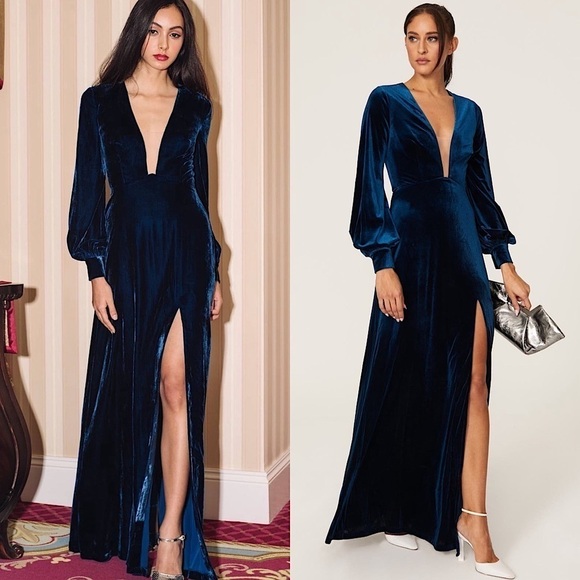 SAU LEE Blue Velvet Puff Long Sleeve Plunge V-Neck Side Slit Regina Maxi Gown 14 - Picture 1 of 16